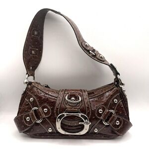 Guess Shoulder Bag Womens Rare Brown Ostrich Embossed Buckle Purse Y2K Style